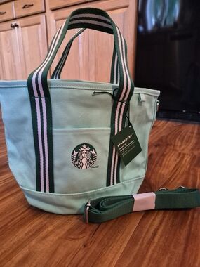 Starbucks Mint Green Canvas Tote with Striped Handles